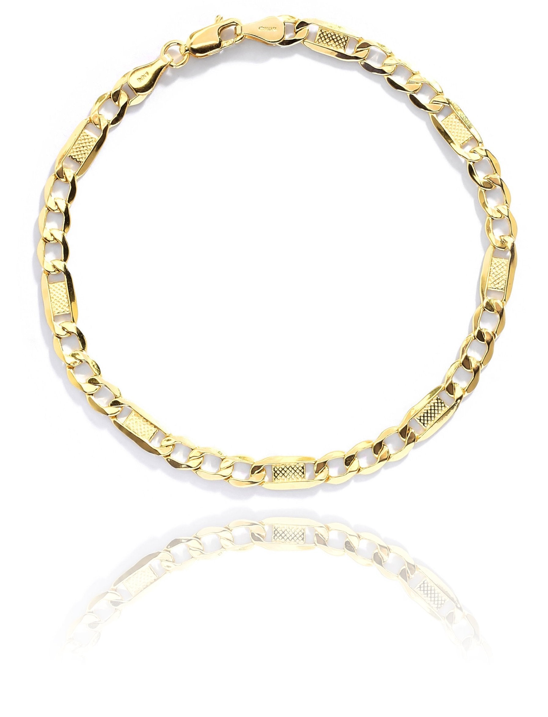 10k Yellow Gold Hollow Bar Figaro Chain Bracelet and Anklet for