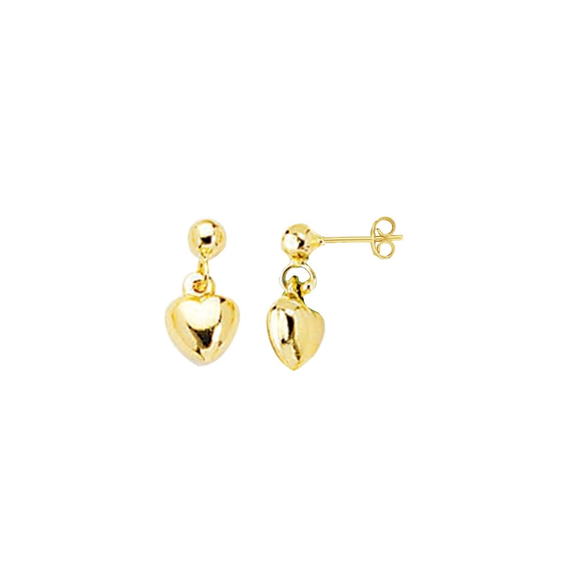 14k Yellow Gold 12mm High Polished Puffy Heart Dangle Earrings