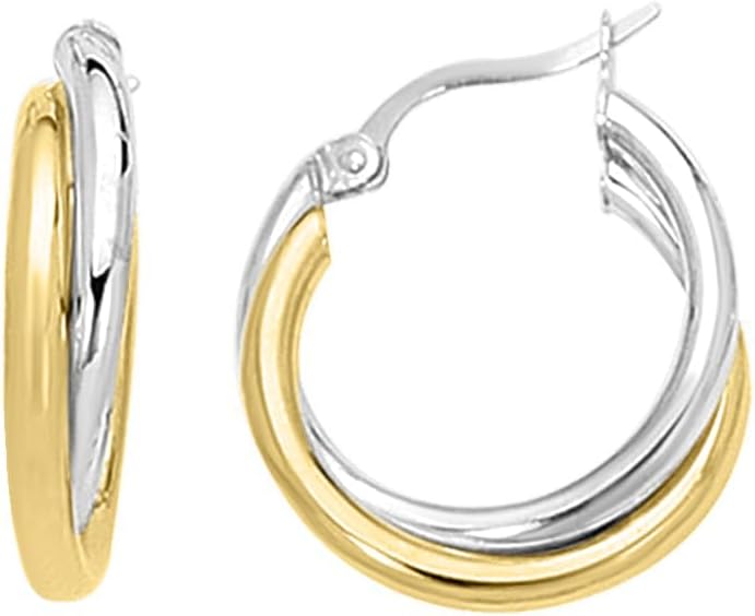 14k Yellow Gold and White Gold 16mm Polished Double Row Hoop Earrings