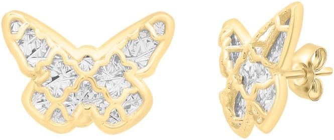 14k Yellow Gold 8mm White Pave Checkered Butterfly Stud Earrings