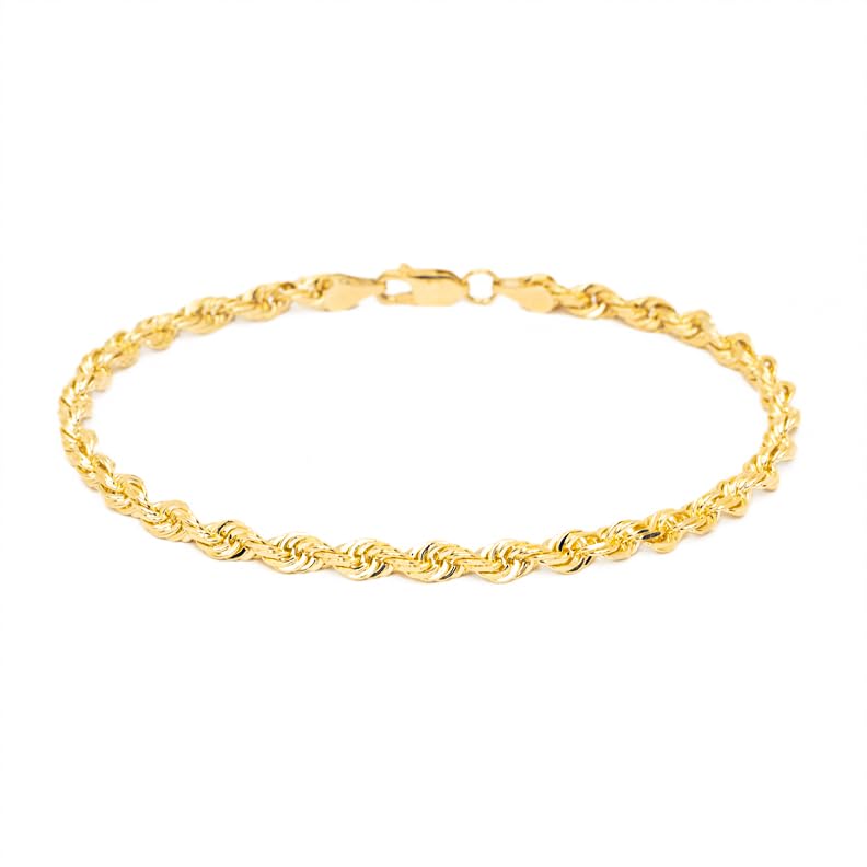 10k Yellow Gold 3mm Hollow Rope Chain Bracelet or Anklet