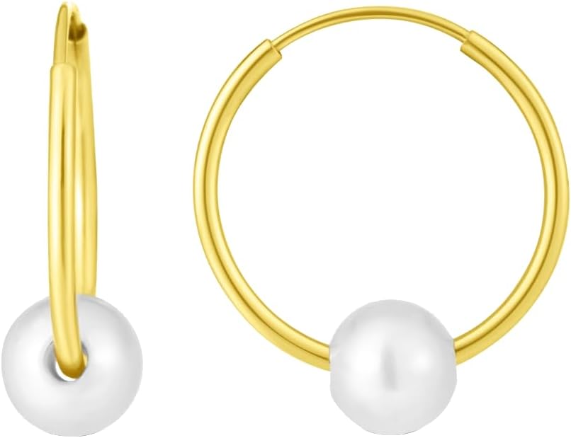 14k Yellow Gold 14mm Round Endless Hoop with 5-6mm Pearl Earrings