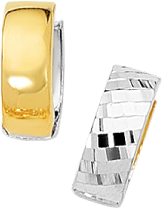 14k Yellow Gold and White Gold 15mm Reversible Diamond Cut & Polished Huggie Earrings