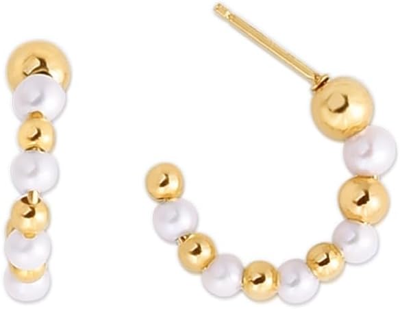 14k Yellow Gold 18mm Pearl & Bead C Hoop Earrings