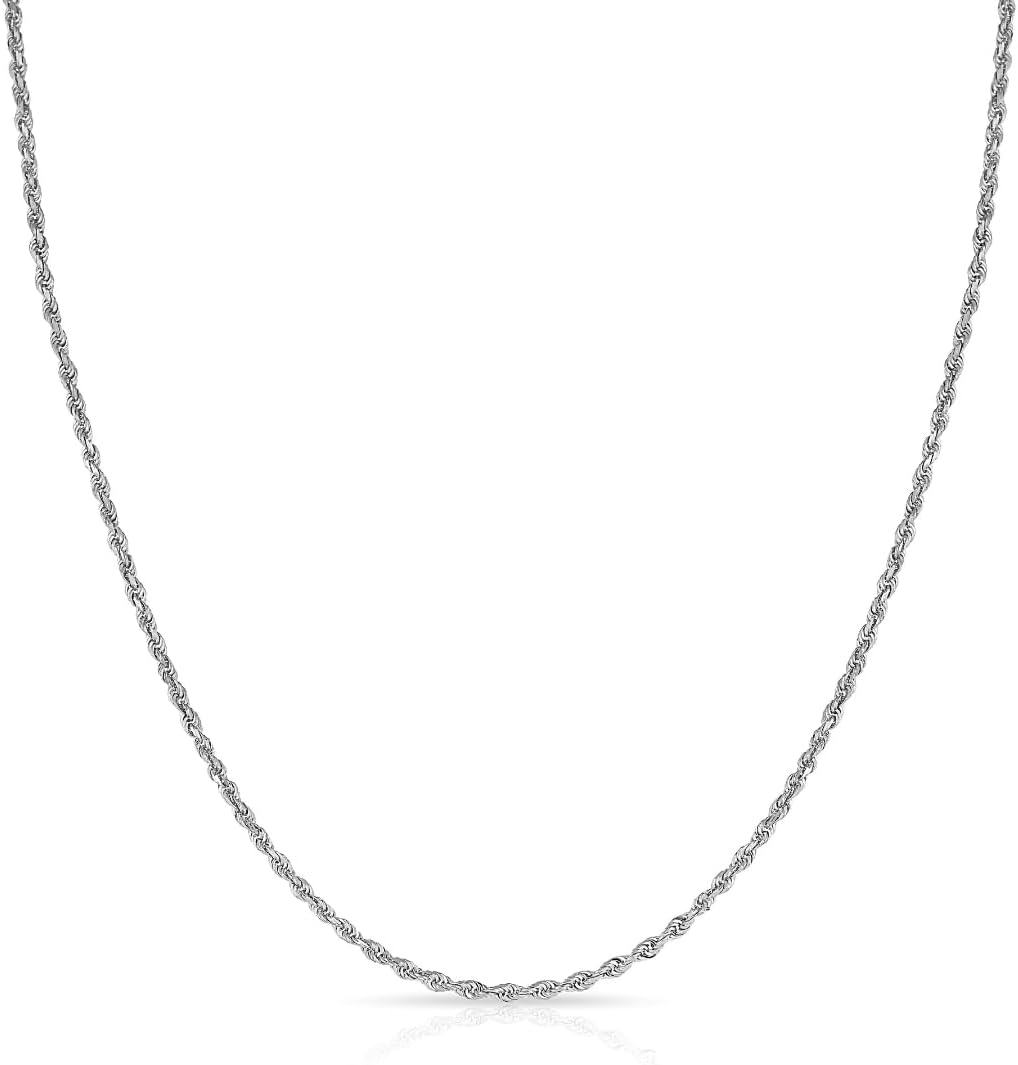 14k White Gold 1.3mm Solid Rope Chain Diamond Cut Necklace