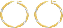 Load image into Gallery viewer, 14k Yellow Gold and White Gold 3mm x 30mm Striped High Polish Hoop Earrings
