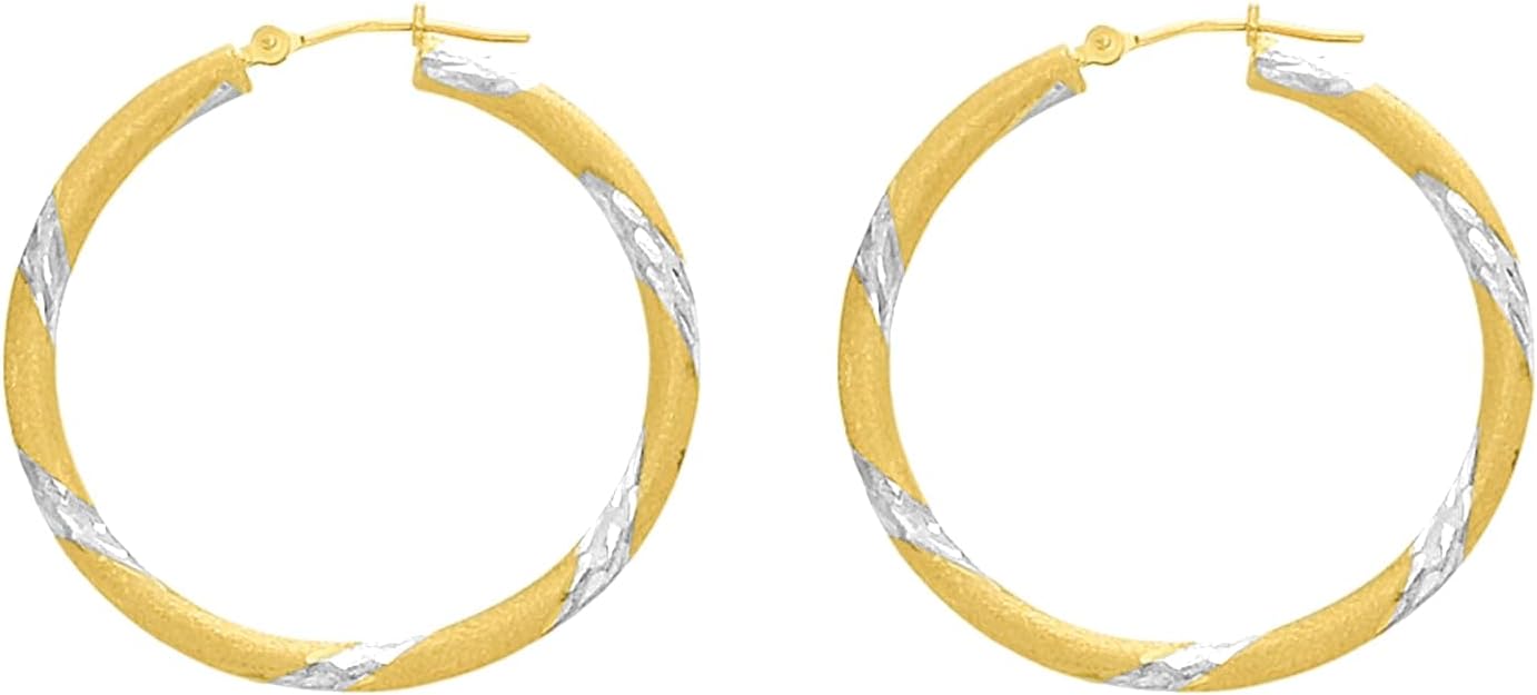 14k Yellow Gold and White Gold 3mm x 30mm Striped High Polish Hoop Earrings