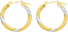 Load image into Gallery viewer, 14k Yellow Gold and White Gold 3mm x 30mm Striped High Polish Hoop Earrings
