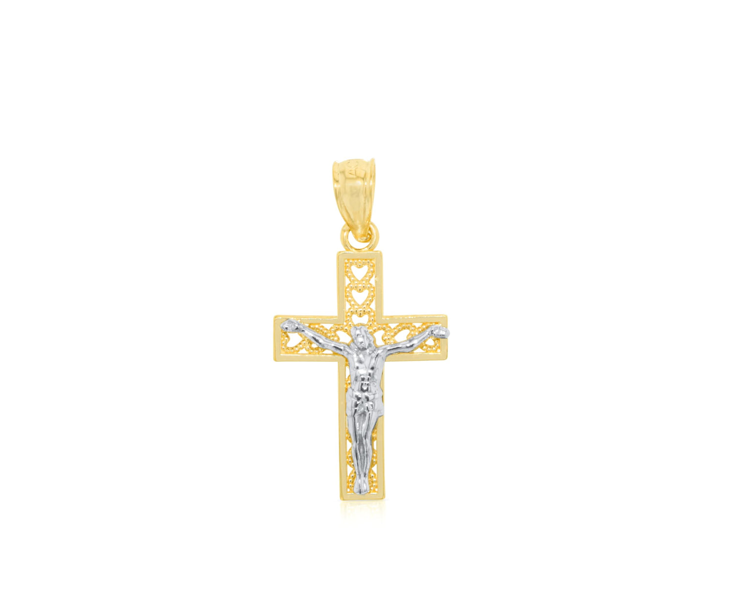 10k Yellow Gold Diamond Cut Heart Crucifix of Jesus Cross Religious Pendant