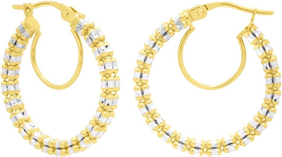 14k Yellow Gold and White Gold 20mm Iced Round Hoops Earrings