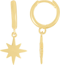 Load image into Gallery viewer, 14k Yellow Gold 9.8mm Huggies with Star Dangling Charm Earrings
