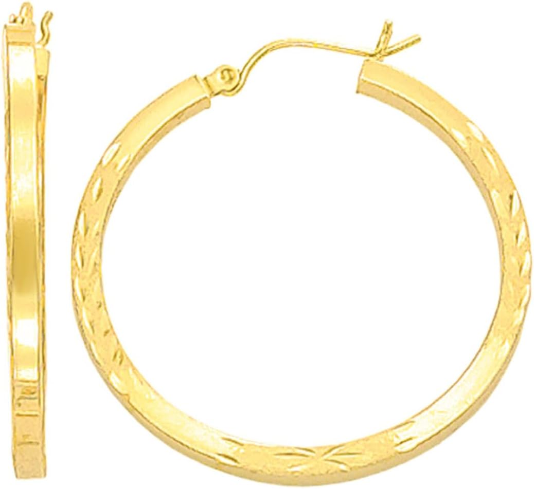 14k Yellow Gold 2mm x 35mm Diamond Cut Hoop Earrings