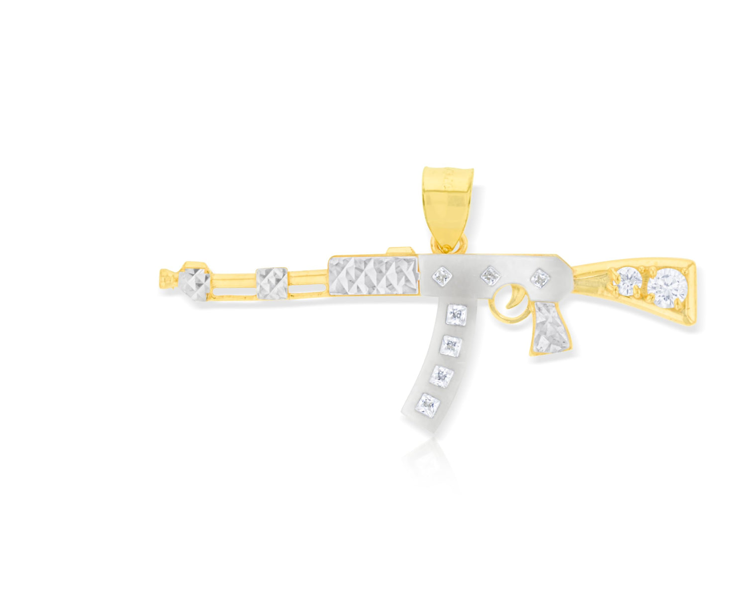 10k Yellow Gold AK-47 Rifle Shape Army CZ Two-Tone Pendant