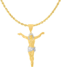 Load image into Gallery viewer, 10k Yellow Gold and White Gold Crucifix of Jesus Christ Pendant with Optional Adjustable Rope Chain Necklace
