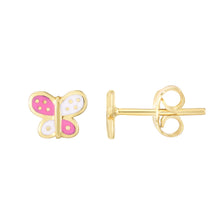 Load image into Gallery viewer, 14k Yellow Gold 7mm High Polish Pink &amp; White Polka Dot Butterfly Stud Earrings
