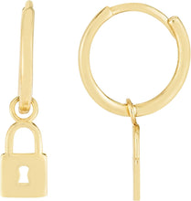 Load image into Gallery viewer, 14k Yellow Gold 11.4mm Huggies with Lock Dangling Charm Earrings
