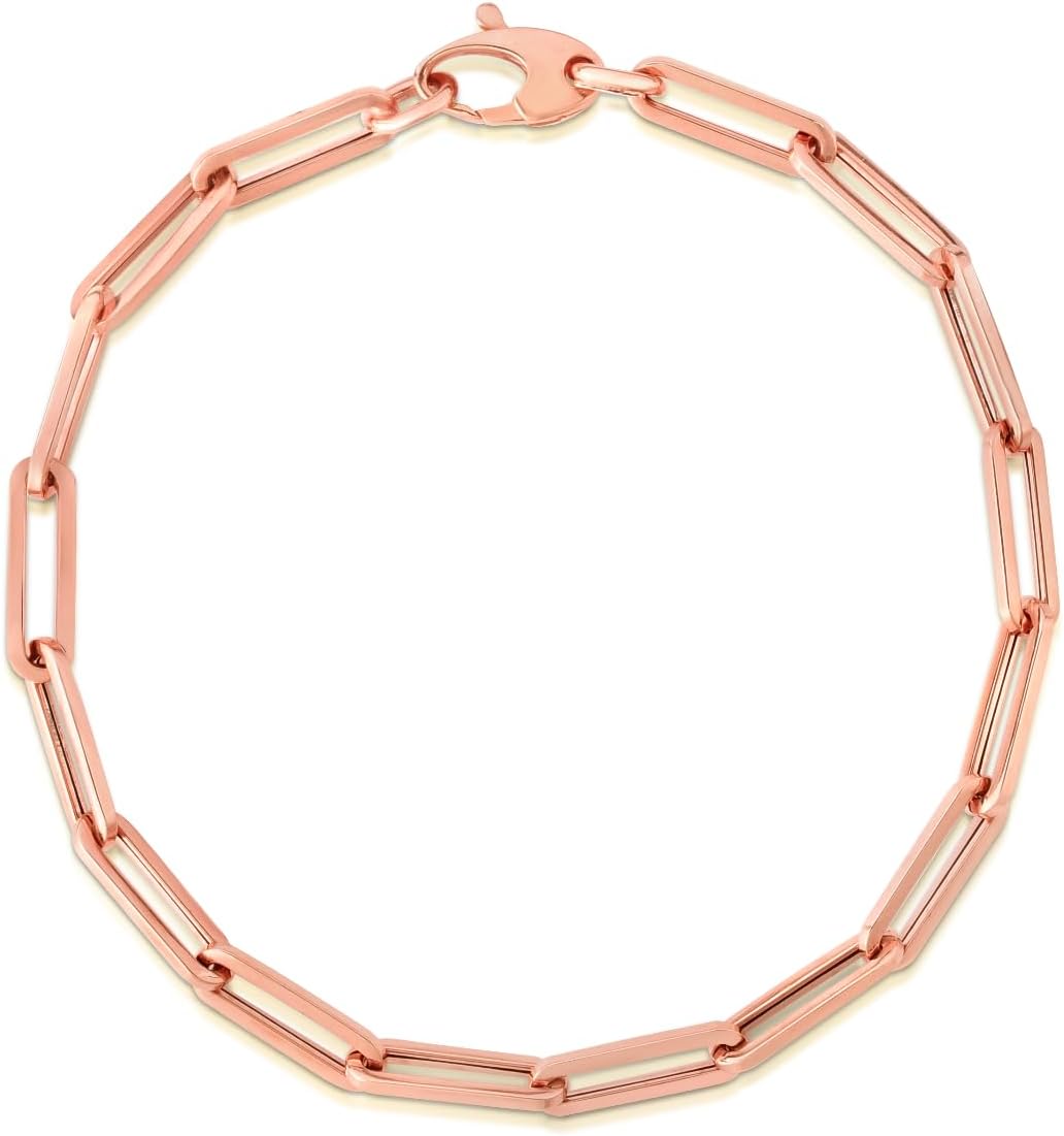 14k Rose Gold 4.2mm or 6mm Hollow Paperclip Link Chain Bracelet - 7.5 Inch