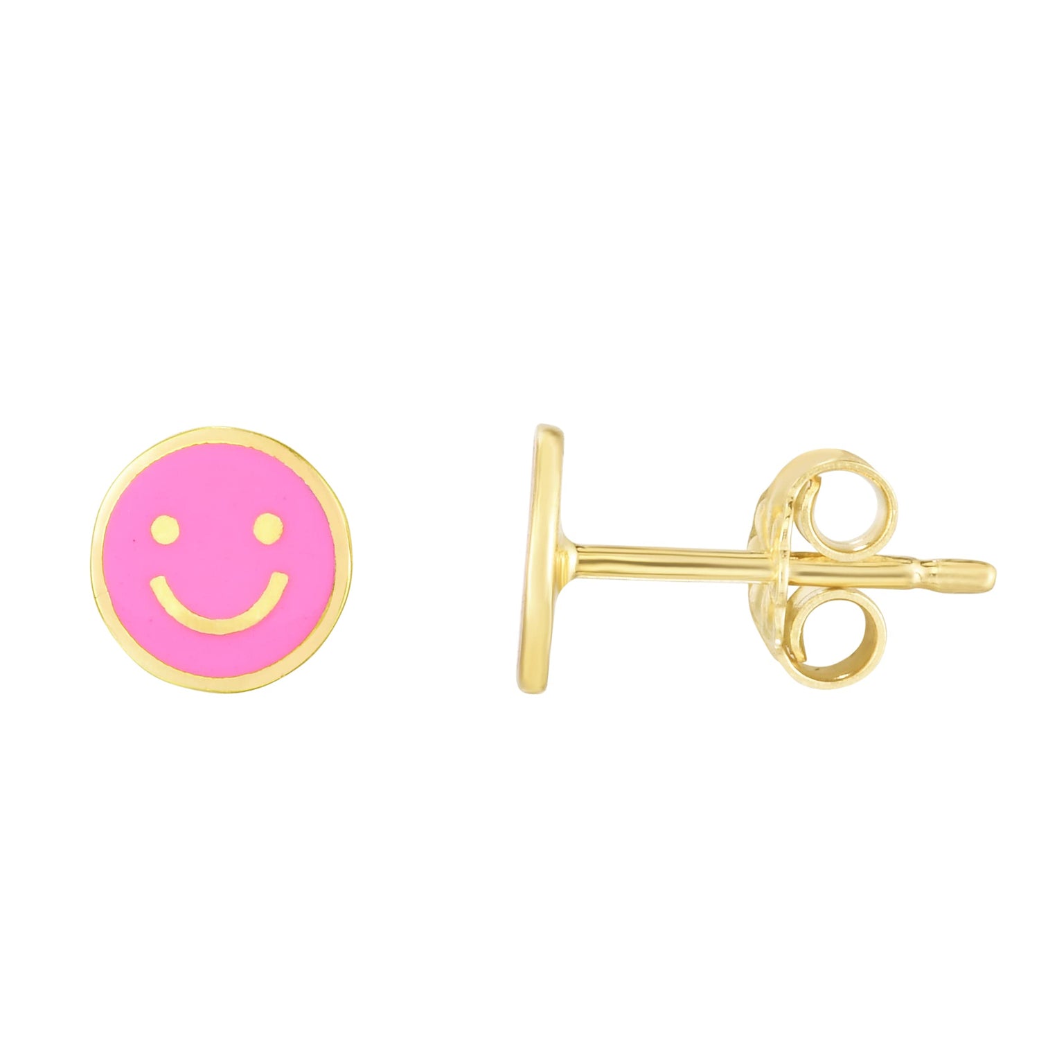 14k Yellow Gold 7mm High Polish Pink Smiley Face Stud Earrings