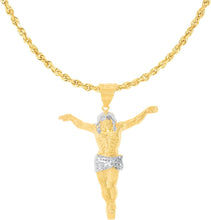 Load image into Gallery viewer, 10k Yellow Gold and White Gold Crucifix of Jesus Christ Pendant with Optional Adjustable Rope Chain Necklace
