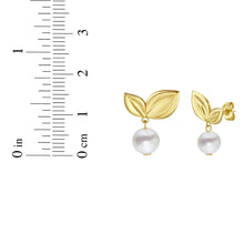 Load image into Gallery viewer, 14k Yellow Gold 16.1mm Cherry Leaf &amp; Freshwater Pearl Drop Stud Earrings
