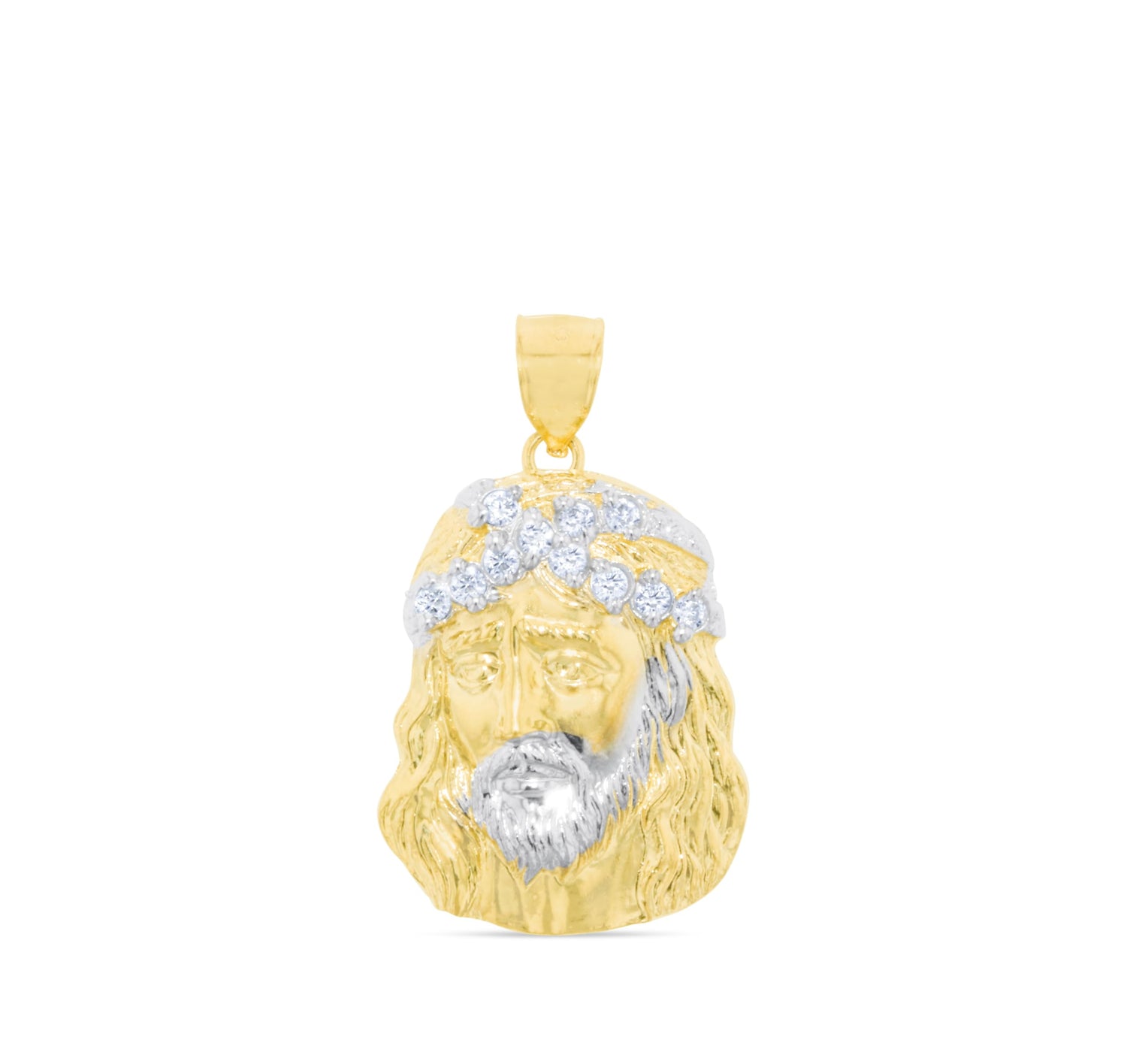 10k Yellow Gold Face of Jesus Christ CZ Crown Two-Tone Religious Pendant