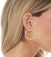 Load image into Gallery viewer, 14k Yellow Gold and White Gold 3mm x 30mm Striped High Polish Hoop Earrings
