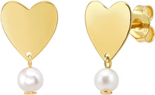 Load image into Gallery viewer, 14k Yellow Gold 15.4mm Heart &amp; Freshwater Pearl Drop Stud Earrings
