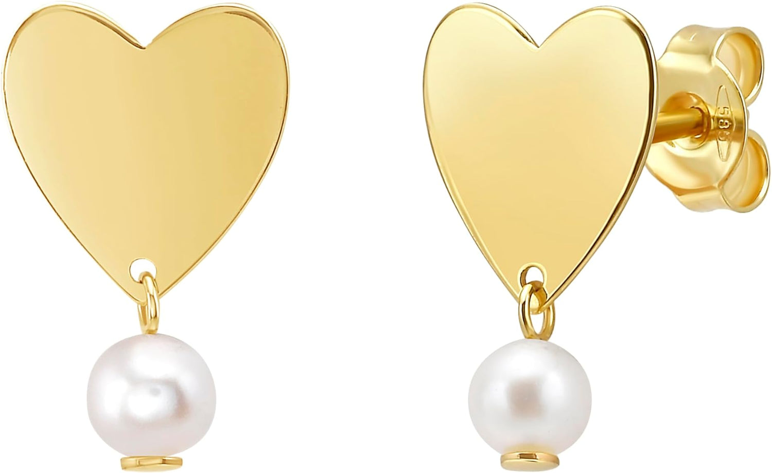 14k Yellow Gold 15.4mm Heart & Freshwater Pearl Drop Stud Earrings