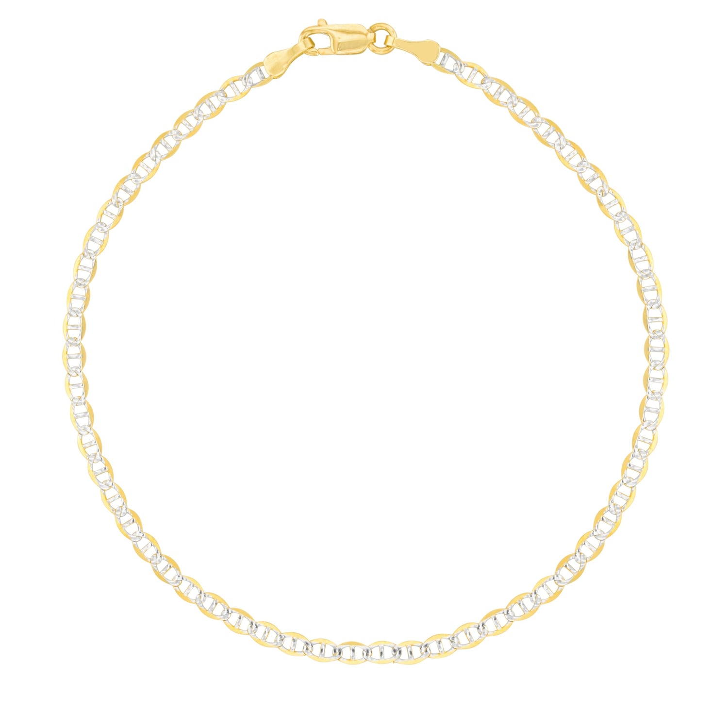 10k Yellow Gold and White Gold 2.5mm Two-Tone Solid Mariner Link Chain Bracelet or Anklet