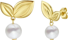 Load image into Gallery viewer, 14k Yellow Gold 16.1mm Cherry Leaf &amp; Freshwater Pearl Drop Stud Earrings
