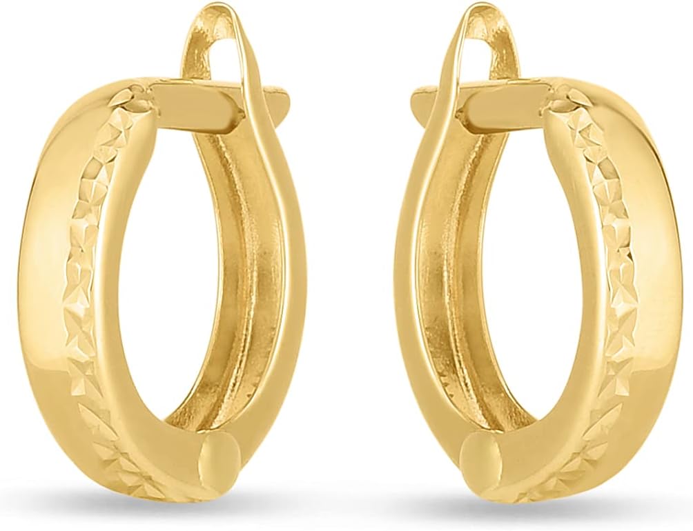 14k Yellow Gold Round Textured Huggie Hoop Earrings