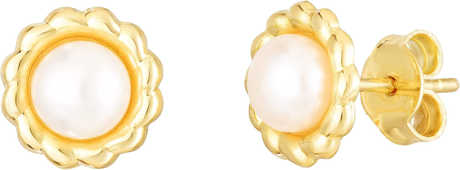 14k Yellow Gold 8.25mm Flower Pearl Stud Earrings