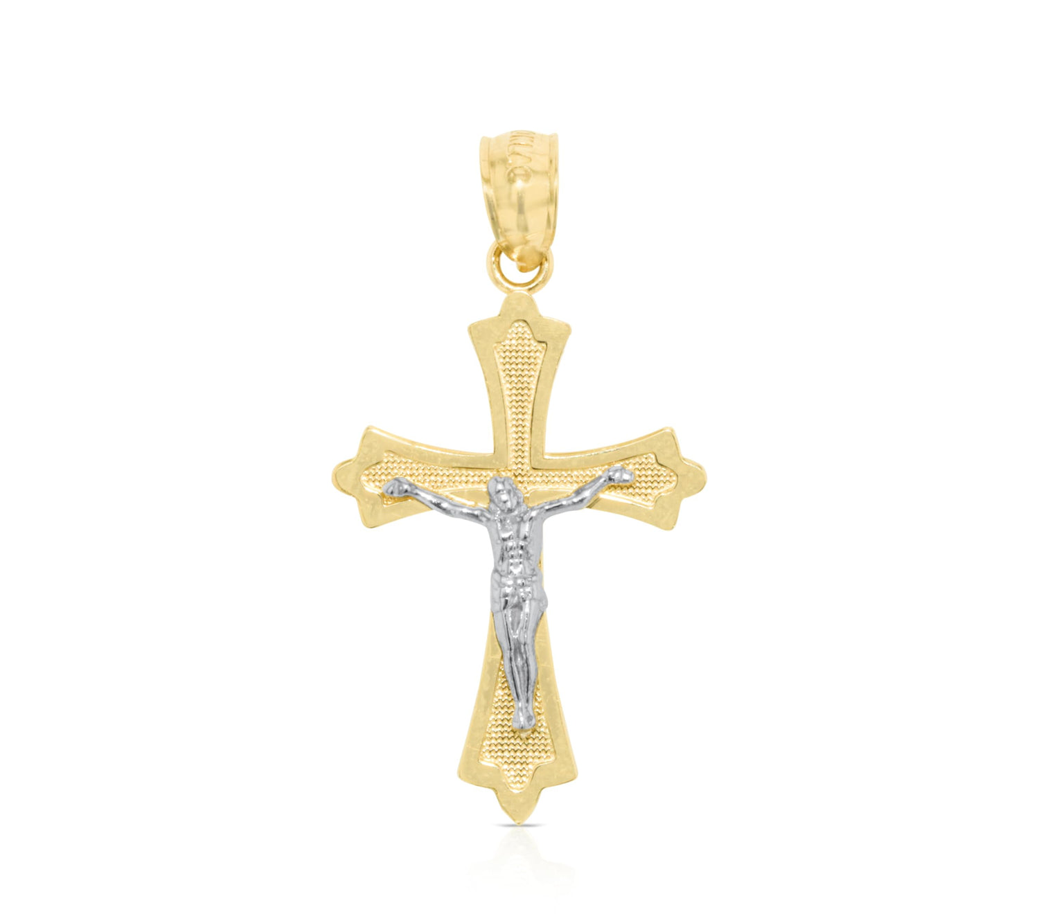 10k Yellow Gold Textured Bevel Crucifix of Jesus Religious Pendant