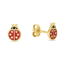 Load image into Gallery viewer, 14k Yellow Gold 8mm Red Ladybug Enamel Earrings
