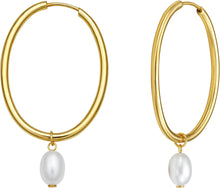 Load image into Gallery viewer, 14k Yellow Gold 41mm Oval Fancy Hoop with Oval Freshwater Pearl Earrings
