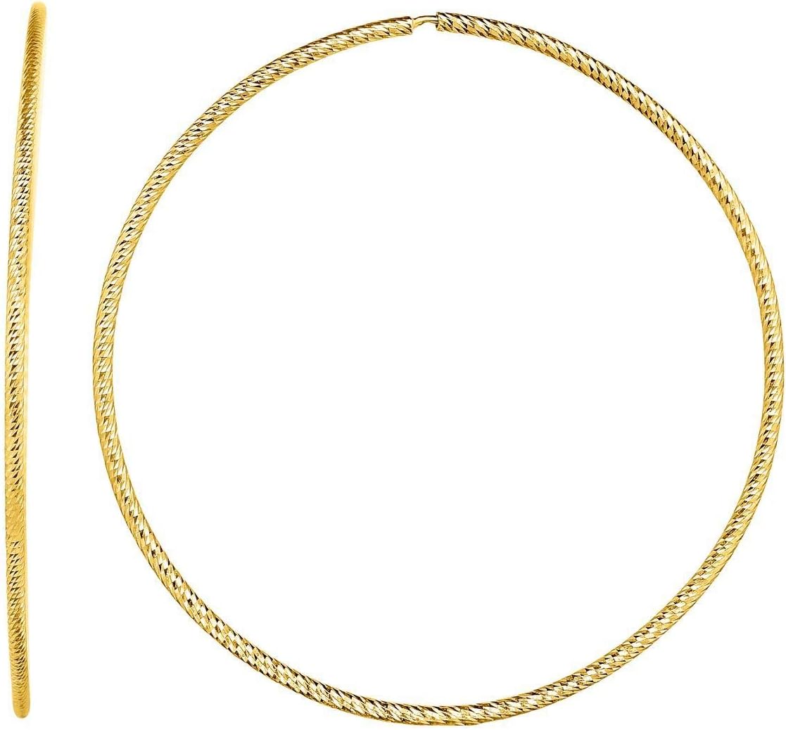 14k Yellow Gold 1.2mm x 40mm Textured Diamond Cut Round Circle Tube Endless Hoop Earrings