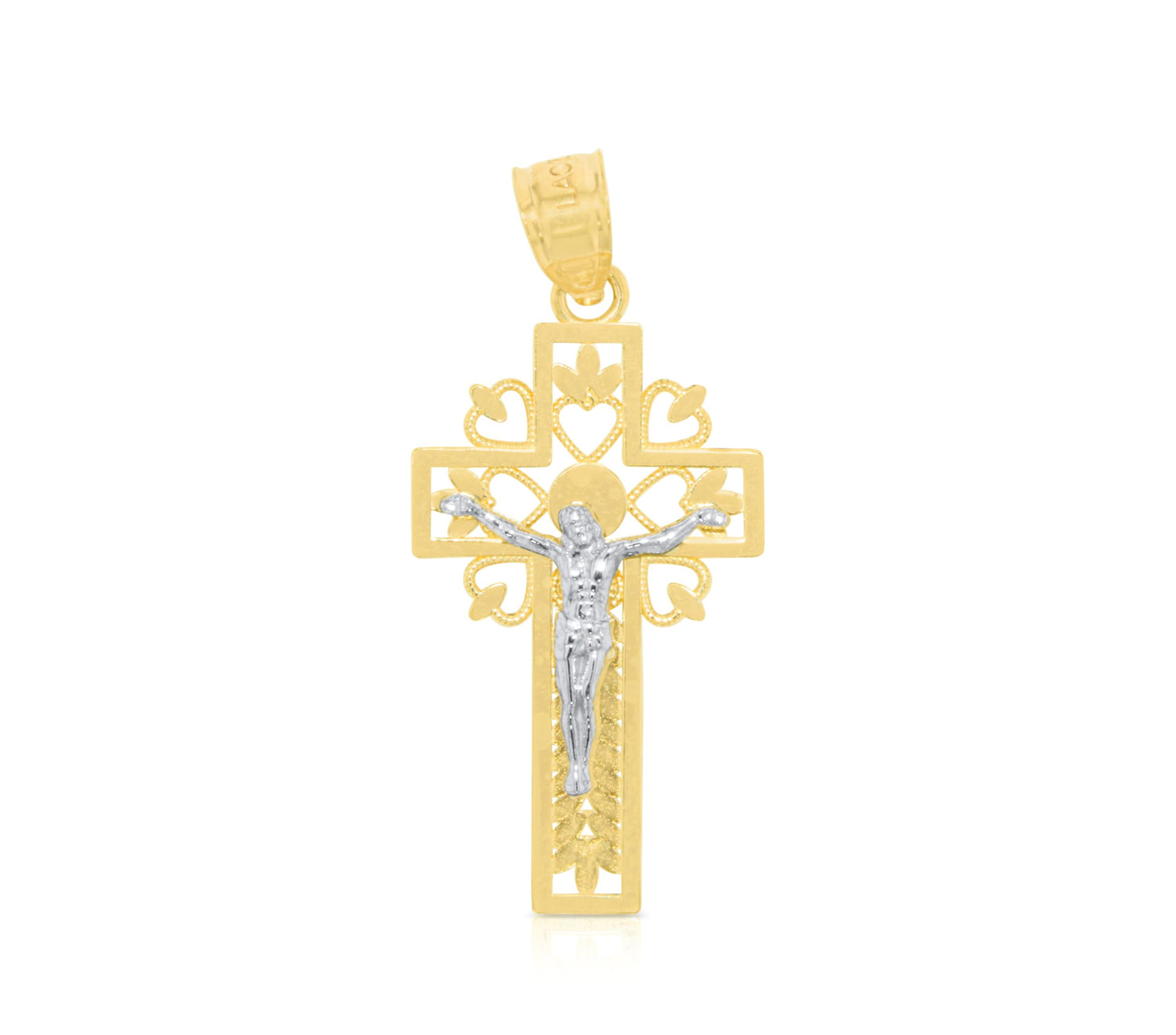 10k Yellow Gold Chained Heart Crucifix of Jesus Cross Religious Pendant