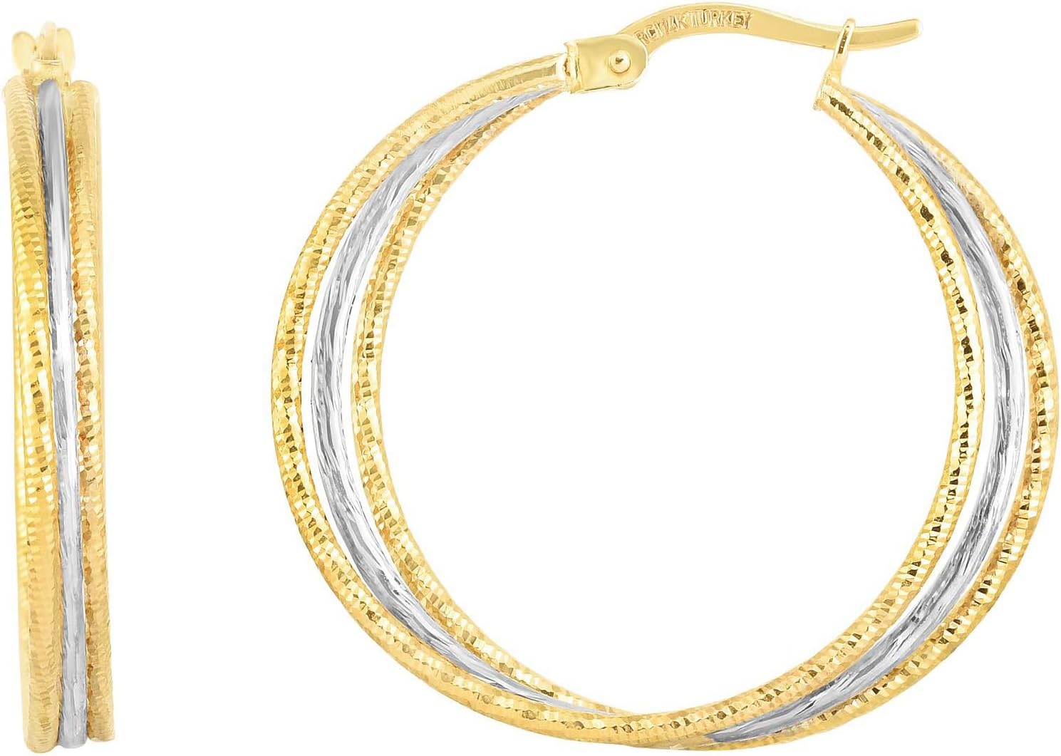 14k Yellow Gold and White Gold 30mm Polished and Diamond Cut Double Row Hoop Earrings