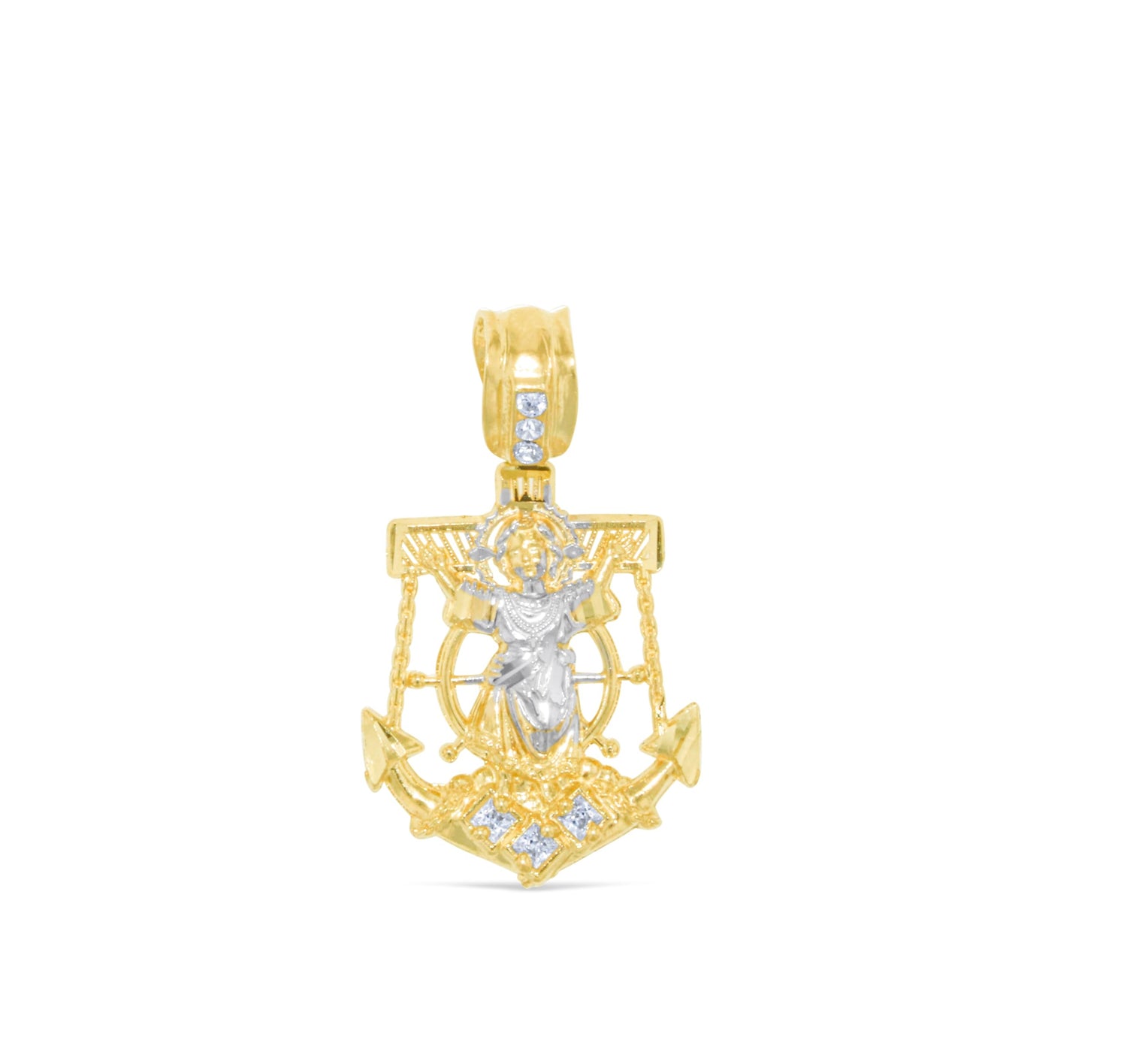 10k Yellow Gold Baby Jesus Anchor CZ Two-Tone Religious Pendant