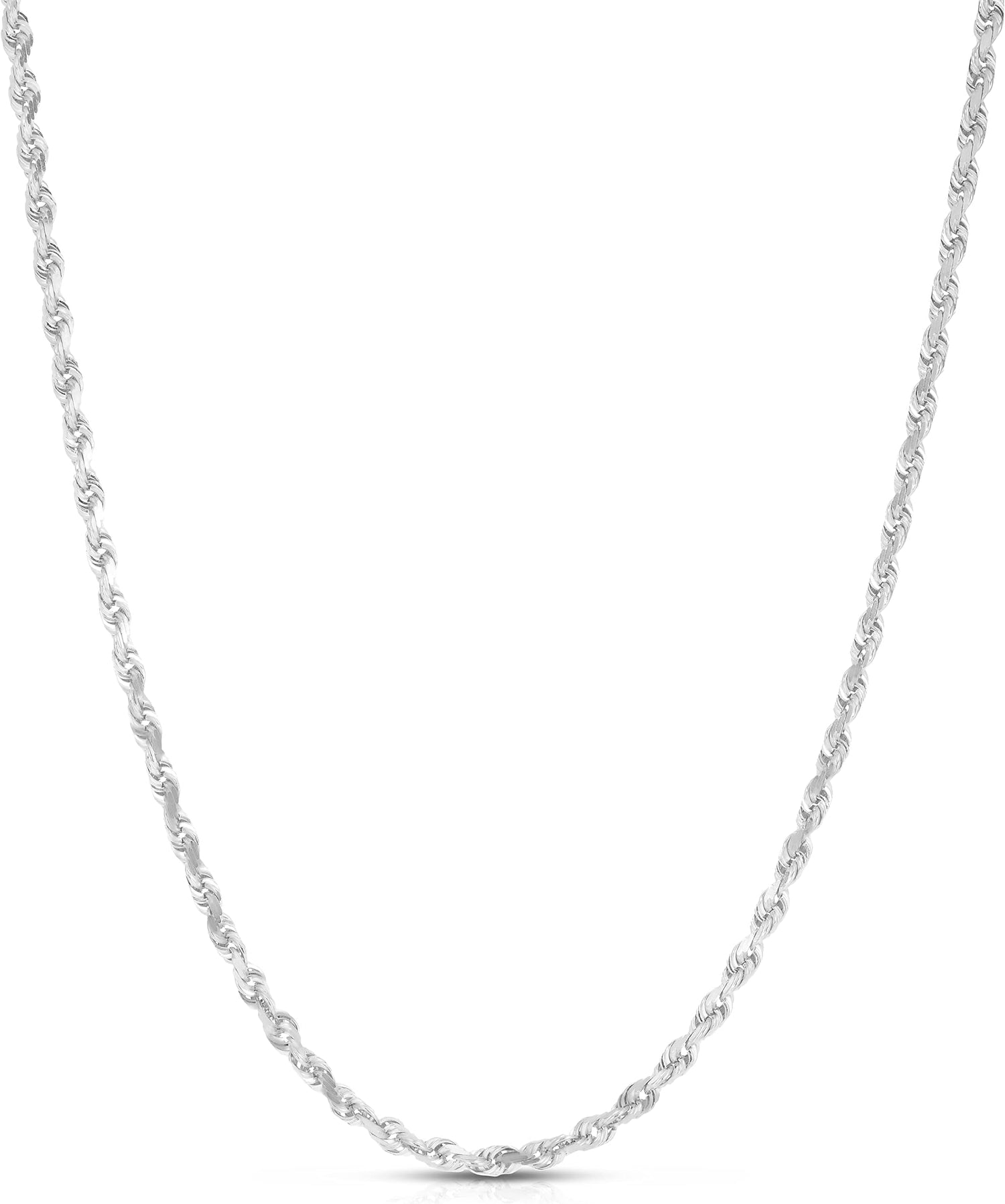 14k White Gold 3mm Solid Rope Chain Diamond Cut Necklace