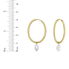 Load image into Gallery viewer, 14k Yellow Gold 41mm Oval Fancy Hoop with Oval Freshwater Pearl Earrings
