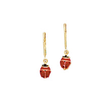 Load image into Gallery viewer, 14k Yellow Gold 25mm High Polished Red Ladybug Drop Earrings
