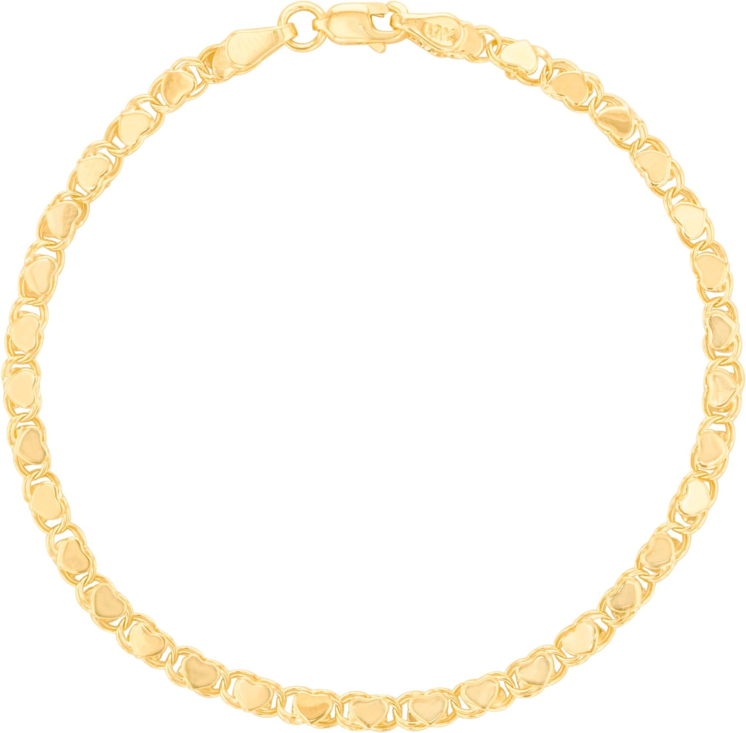 10k Yellow Gold 3.6mm Relationship and Friendship Mirror Chain with Double Sided Heart Charms Bracelet or Anklet