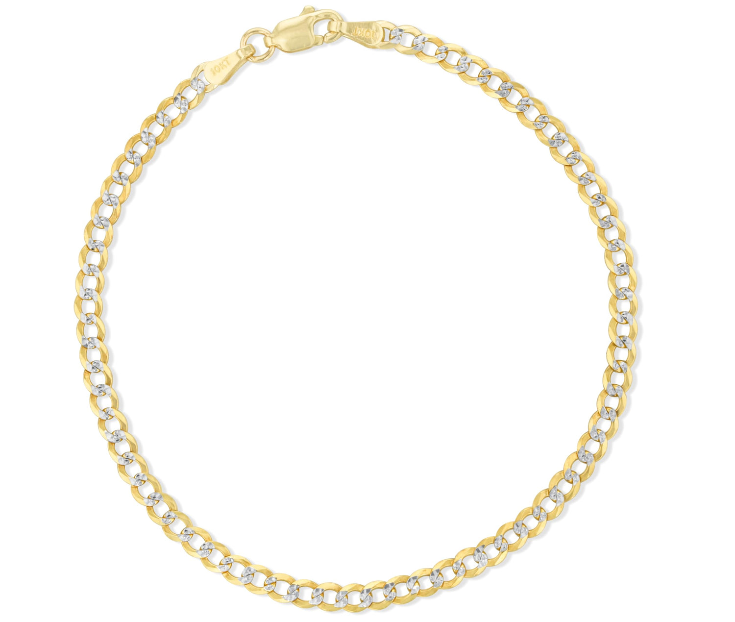 10k Yellow Gold and White Gold 2.5mm Solid Two-Tone Curb Cuban Chain Bracelet or Anklet