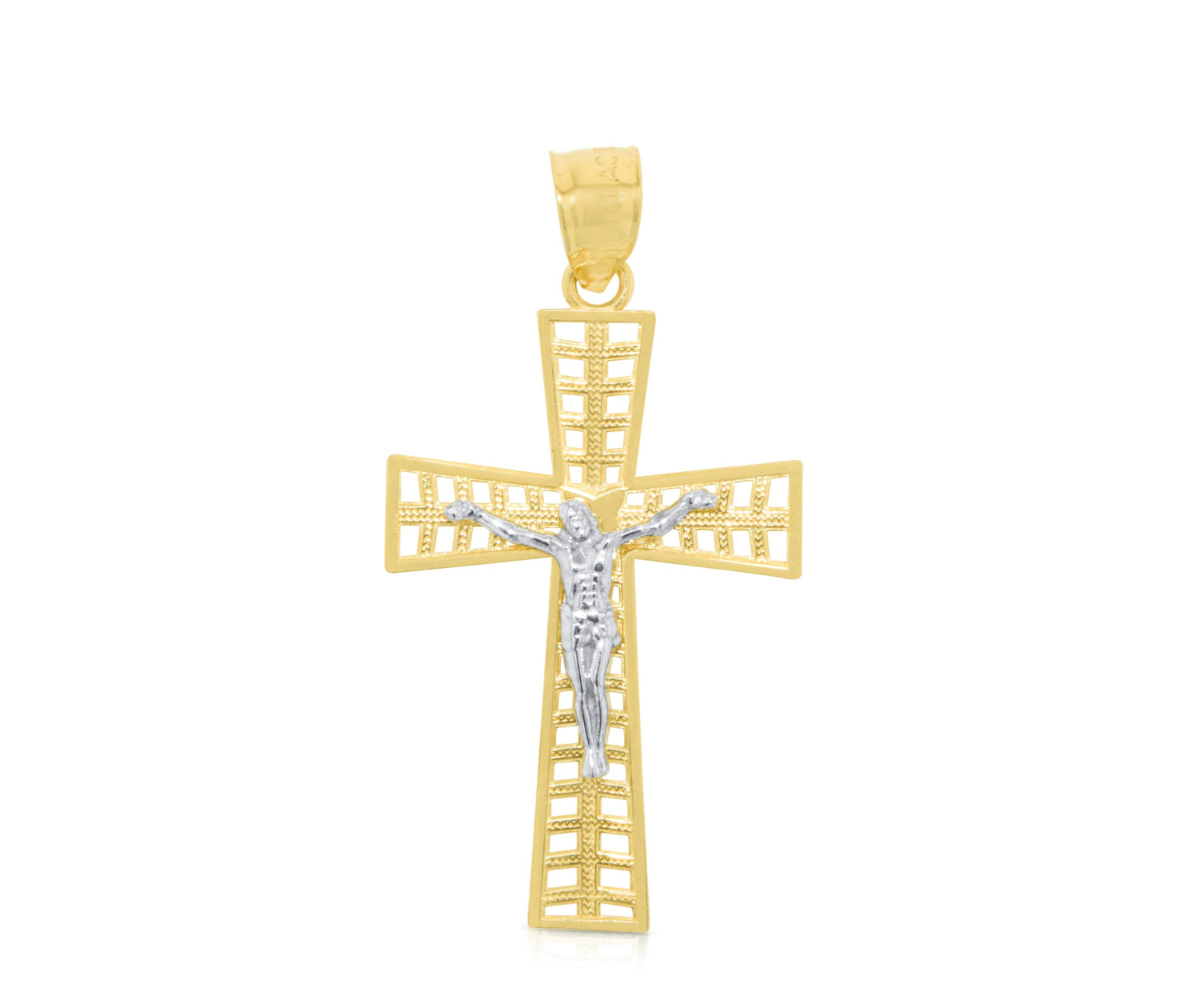 10k Yellow Gold Studded Perimeter Crucifx of Jesus Cross Religious Pendant