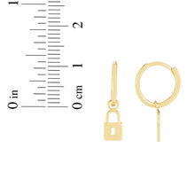 Load image into Gallery viewer, 14k Yellow Gold 11.4mm Huggies with Lock Dangling Charm Earrings
