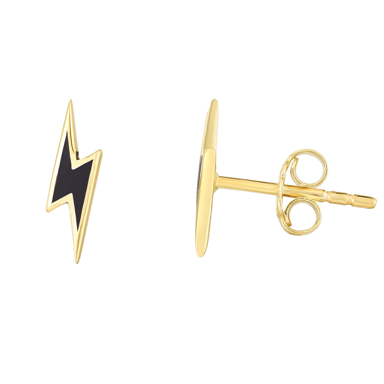 14k Yellow Gold 10mm High Polished Black Lightning Stud Earrings