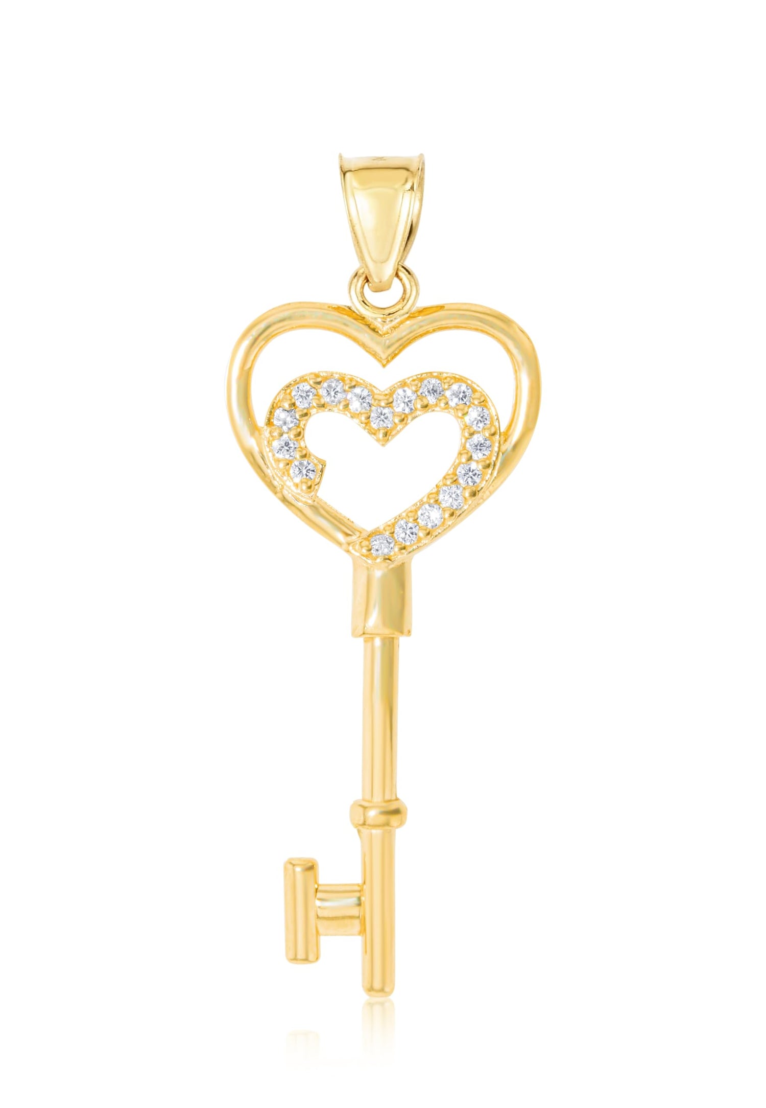 10k Yellow Gold Double Heart CZ Key Pendant