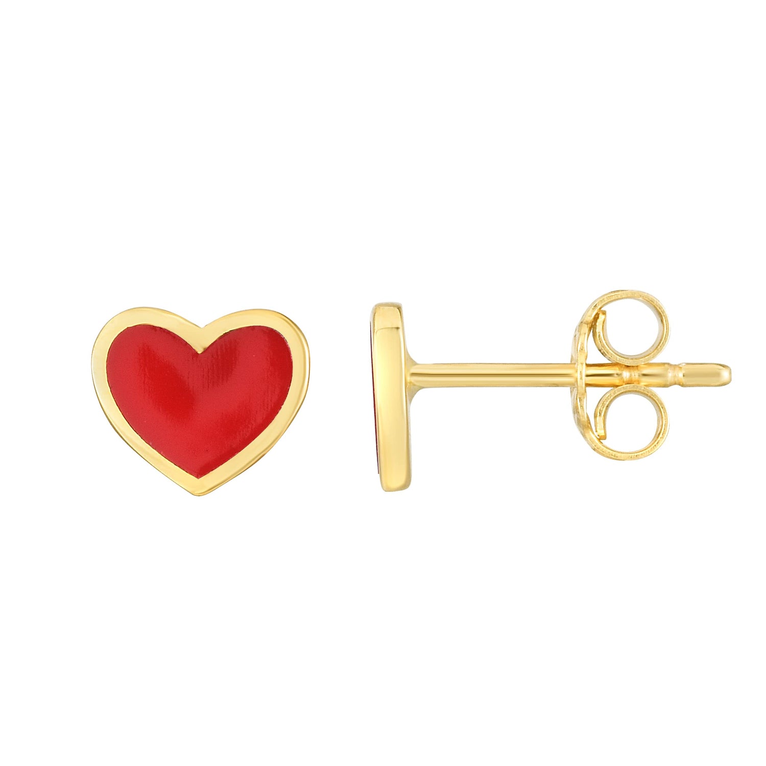 14k Yellow Gold 6mm High Polished Red Heart Stud Earrings