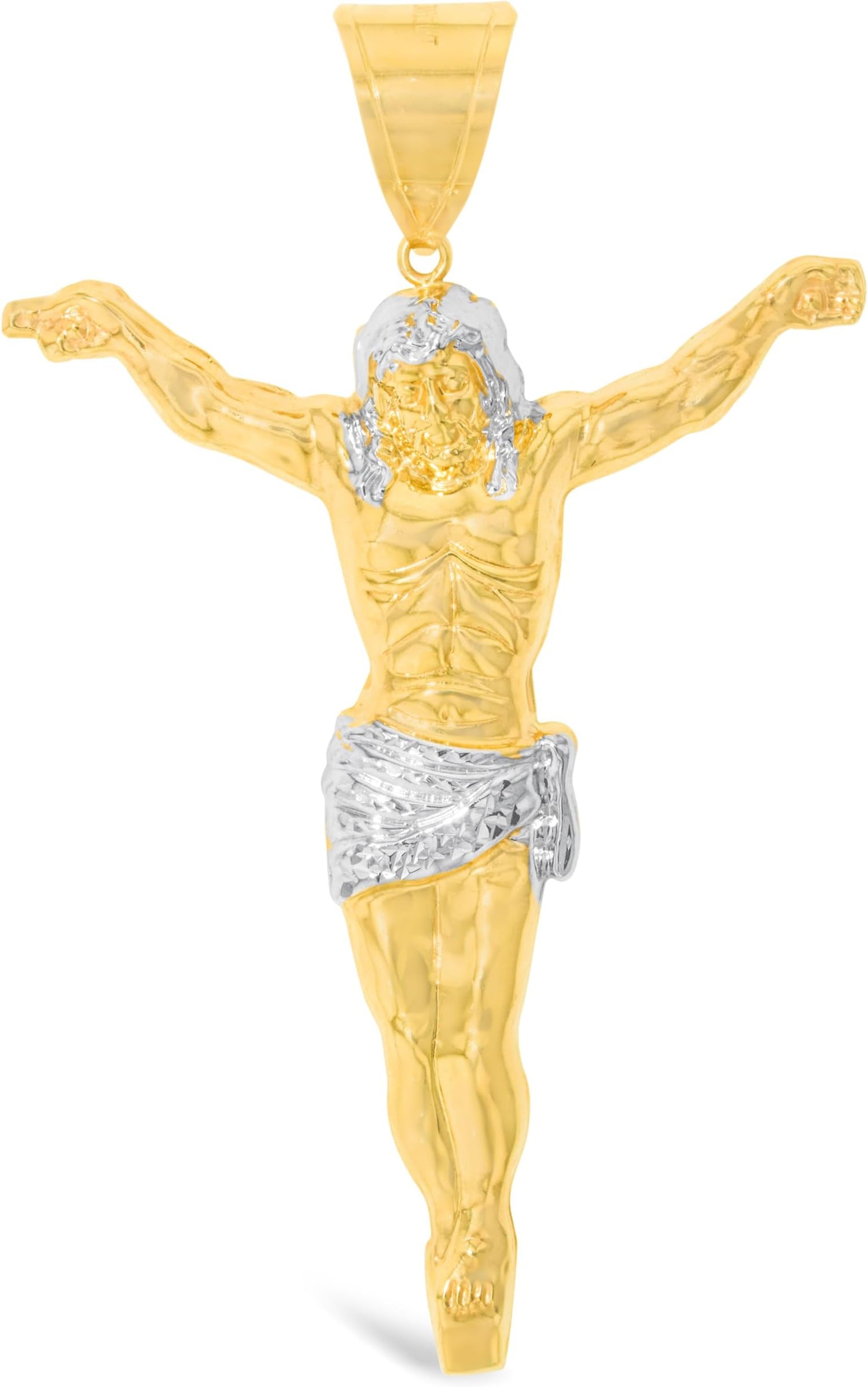 10k Yellow Gold and White Gold Crucifix of Jesus Christ Pendant with Optional Adjustable Rope Chain Necklace